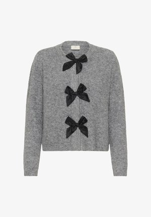 Pull en maille gris avec trois nœuds en satin noir à l'avant, col rond et manches longues avec un design court.