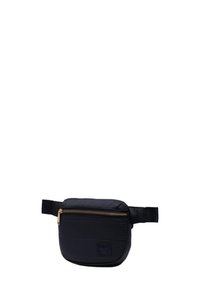 Czarna nerka na biodra z złotym zamkiem i regulowanym paskiem, kompaktowa i prostokątna z zaokrąglonym dolnym brzegiem.