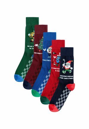 Cinco perechi de șosete, cu culori uni și modele festive, inclusiv grafice și motive legate de Crăciun, cu înălțimi diferite ale manșetelor.
