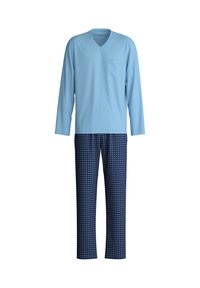 Haut à manches longues bleu clair en v avec une poche poitrine, associé à un pantalon de pyjama navy à motifs présentant un design en grille bleu clair.