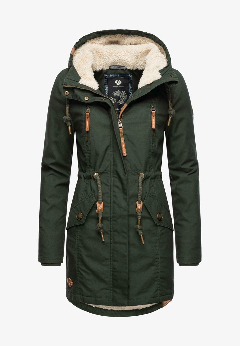 Žalias parka švarkas su dirbtinės odos pamušalu kapuce, stilinga juosta liemeniui, dviem užtrauktukais uždaromais priekiniais kišenėmis ir oda apipavidalintais akcentais. Lygi audinio tekstūra.