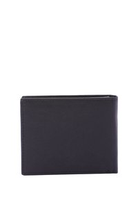 Zwarte leren portemonnee met een rechthoekige vorm. Heeft zichtbare stiksels, een gladde textuur en een eenvoudig, functioneel ontwerp.