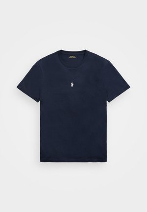 T-shirt bleu marine à manches courtes avec col rond, arborant un petit logo Polo Ralph Lauren blanc brodé au centre de la poitrine.