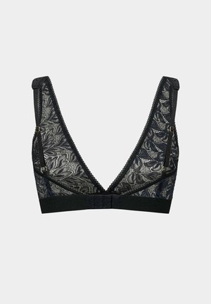 Zwarte kanten bralette met een diepe V-hals, bloemmotieven, verstelbare bandjes en een zwarte band met haken aan de achterkant.