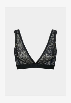 Black lace bralette with a deep V-neck, floral patterns, adjustable straps, and a black band with hooks at the back.