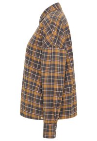 Chemise à manches longues à carreaux moutarde et gris foncé avec des poignets boutonnés et un col pointu, vue de côté.