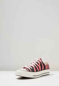 Svart canvas sneakers med rosa randigt mönster, vit gummisula och vita snören. Har en klassisk design och rund tå.