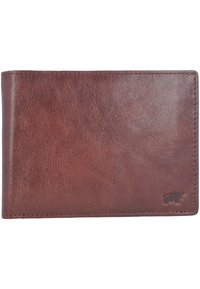 Portafoglio in pelle marrone con una texture liscia, design rettangolare, bordi cuciti e un piccolo logo impresso in un angolo.