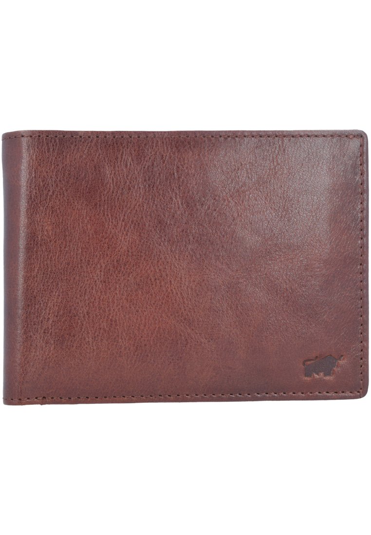 Portafoglio in pelle marrone con una texture liscia, design rettangolare, bordi cuciti e un piccolo logo impresso in un angolo.