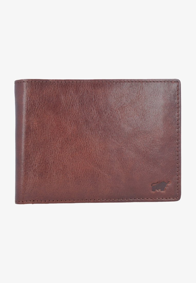 Portafoglio in pelle marrone con una texture liscia, design rettangolare, bordi cuciti e un piccolo logo impresso in un angolo.