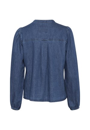 Tumši zilā džinsa krekls ar garām piedurknēm un savilktām aprocēm, ar aizmugurē plecu un klasisku apkakli. Gluda tekstūra, vienota krāsa.