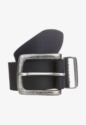 Sort læderbælte med en struktureret sølvmetalklips. Remmen er bred og glat og har et klassisk design med en rektangulær spænde.