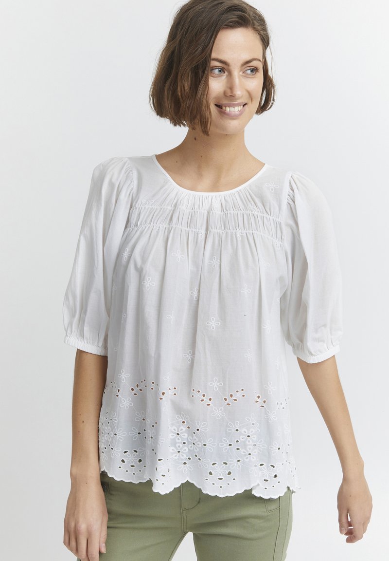 Blouse en coton blanc avec des manches bouffantes, présentant des broderies florales, un ourlet festonné et des détails en œillet le long du bord inférieur.