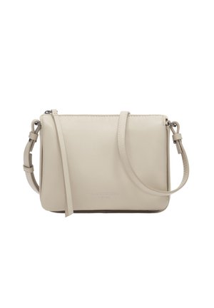 Beżowa prostokątna torebka na ramię z regulowanym paskiem i zamkiem błyskawicznym, gładka skórzana faktura, minimalistyczny design.