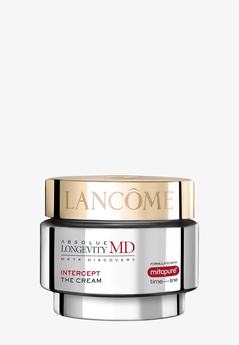 Barattolo di crema Lancôme Absolue Longevity MD Intercept con coperchio dorato e corpo argentato, con marchio mitopure e timeline.