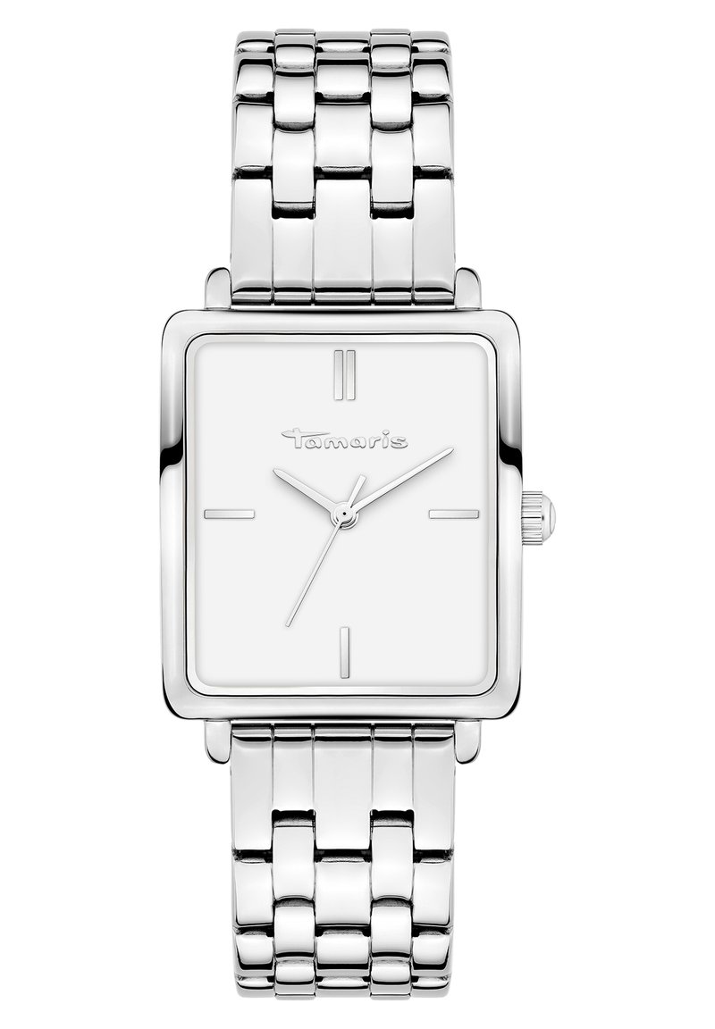 Zilveren rechthoekige horloge met een witte wijzerplaat, minimalistische uurmarkeringen en een gepolijste metalen armband. Merkennaam "Tamaris" prominent weergegeven.