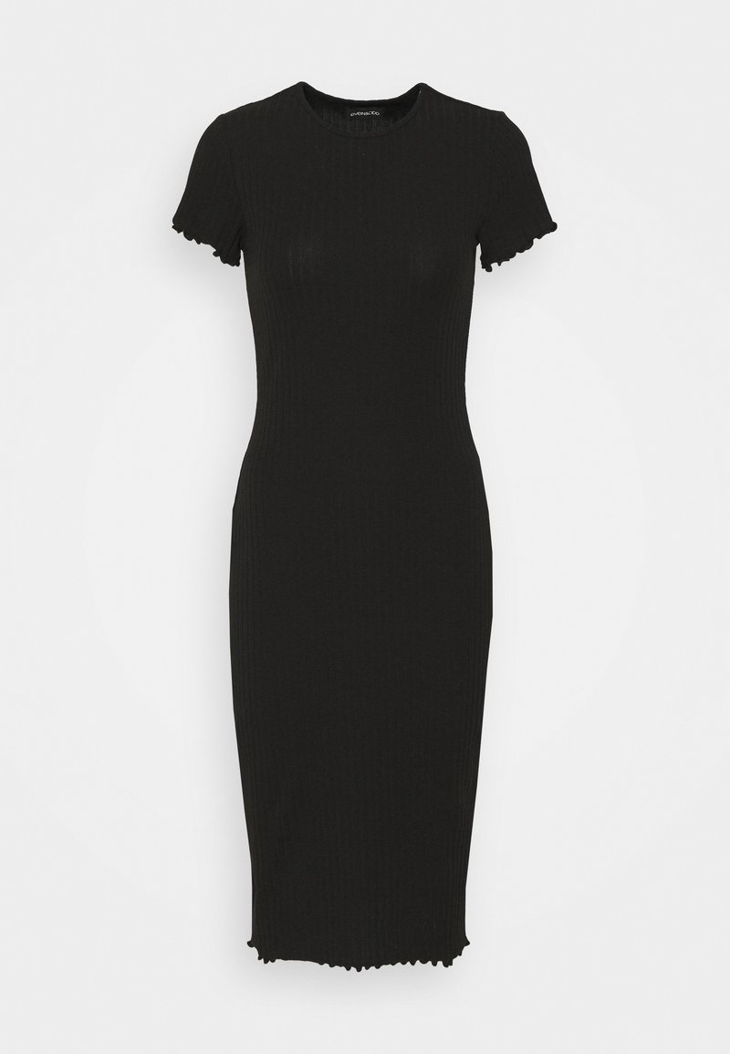 Robe midi en tricot côtelé noire avec manches courtes et bordure festonnée aux manches et à l’ourlet.