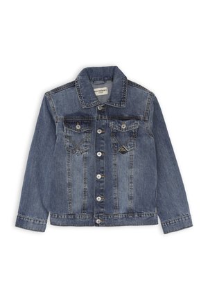 Giubbotto in denim blu scuro, con colletto, due tasche sul petto con patta, chiusura a bottoni e cuciture a contrasto. Texture liscia.