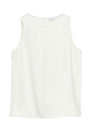 Ärmellose weiße Bluse mit rundem Ausschnitt und Reißverschluss hinten, aus leichtem Stoff, Größe 36, Marke comma.