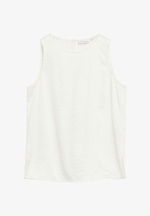 Blusa bianca senza maniche con scollo tondo e zip sul retro, realizzata in tessuto leggero, taglia 36, marca comma.