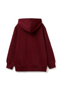 Burgundská mikina s kapucí na šňůrky, dlouhými rukávy a pružnými manžetami. Hladká textura a jednoduchý design bez vzorů nebo dalších detailů.