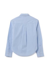 Camicia a maniche lunghe blu e bianca a righe con orlo curvo, piega sul retro, polsini con bottone e colletto classico. Tessuto in cotone.