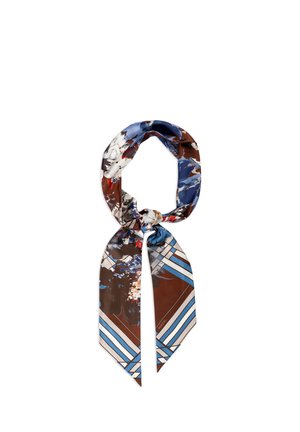 Silk scarf with floral and geometric patterns in blue, brown, white, and red, tied in a loose knot.
