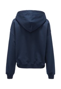 Tamsiai mėlyna trumpa dėvima hoodie, su didele gaubtu, raukšlėtomis rankovėmis ir apatine dalimi. Pagaminta iš minkštos medžiagos, su švariu, minimalistiniu dizainu ir be matomų spausdinimų.