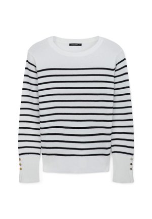Pull en tricot blanc avec des rayures horizontales noires, col rond, et poignets boutonnés ornés de trois boutons décoratifs en or.