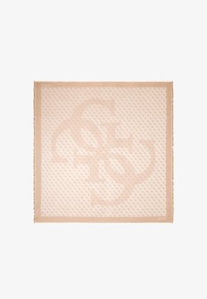 Sciarpa beige con motivo a logo ripetuto, bordi sfrangiati e bordo solido. Tessuto morbido dalla texture liscia.