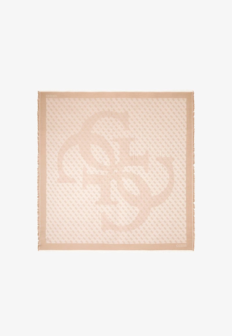 Beżowy szalik z powtarzającym się wzorem logo, z postrzępionymi brzegami i jednolitym obramowaniem. Miękki materiał o gładkiej fakturze.