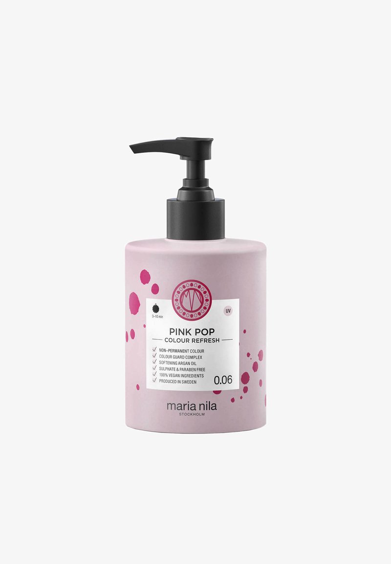 Roze pompflacon met "Pink Pop Colour Refresh." Matte lichtroze materiaal met glanzende accenten; het etiket heeft kleurrijke stippen en tekst.