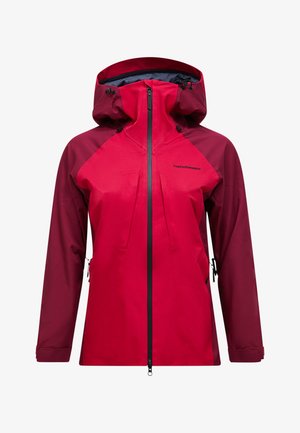 Rote wasserdichte Jacke mit Kapuze, ausgestattet mit einem Frontreißverschluss und kontrastierenden dunkelroten Ärmeln. Verfügt über einen verstellbaren Saum und Reißverschlusstaschen.