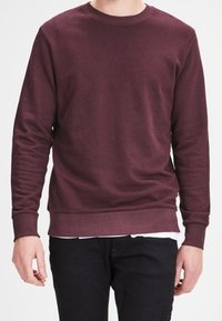 Bordeauxrode sweatshirt van zachte stof met lange mouwen, ronde hals en geribbelde zoom. Gedragen over een wit overhemd, gecombineerd met donkere jeans.