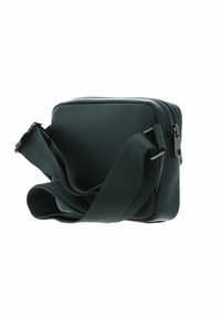 Borsa a tracolla rettangolare di colore verde scuro con una texture liscia, dotata di chiusura con zip e tracolla regolabile. Design semplice e funzionale.