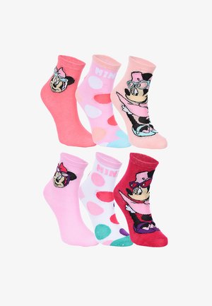 Six colorful ankle socks with Minnie Mouse faces, polka dots, and Minnie wearing sunglasses and a hat in pink, white, and red tones.