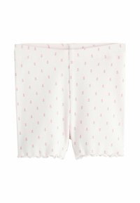 Białe prążkowane krótkie spodenki dziecięce z małym różowym wzorem kwiatowym i falbankami na krawędziach, ułożone na płasko na białym tle.