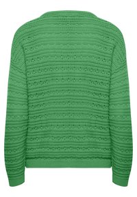 Grüner gestrickter Pullover mit einem strukturierten Muster, horizontalen Streifen und kleinen Ösen-Details. Rundhalsausschnitt und lange Ärmel.