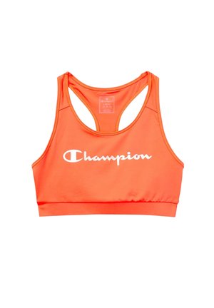 Orangener Sport-BH aus elastischem Material mit Racerback-Design und einem weißen Champion-Logo auf der Vorderseite. Glatte Textur, minimale Details.