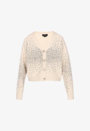 Cremfarbener, kurzer Cardigan mit V-Ausschnitt, langen Ärmeln, Kristallknopfverschlüssen und verstreuten schwarzen Paillettenverzierungen auf der Vorderseite und den Ärmeln.
