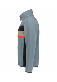 Fleece jacket in light gray with black and olive green horizontal stripes; features a high collar, side pockets, and red accents.
