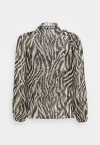 Genomskinlig blus med puffiga långa ärmar, med ett svart och beige zebramönster och en volangkrage.