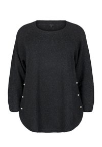 Črn pleten pulover z okroglim izrezom, dolgimi rokavi in gumbnimi dodatki ob robu. Mehka, teksturirana tkanina z udobnim krojem.