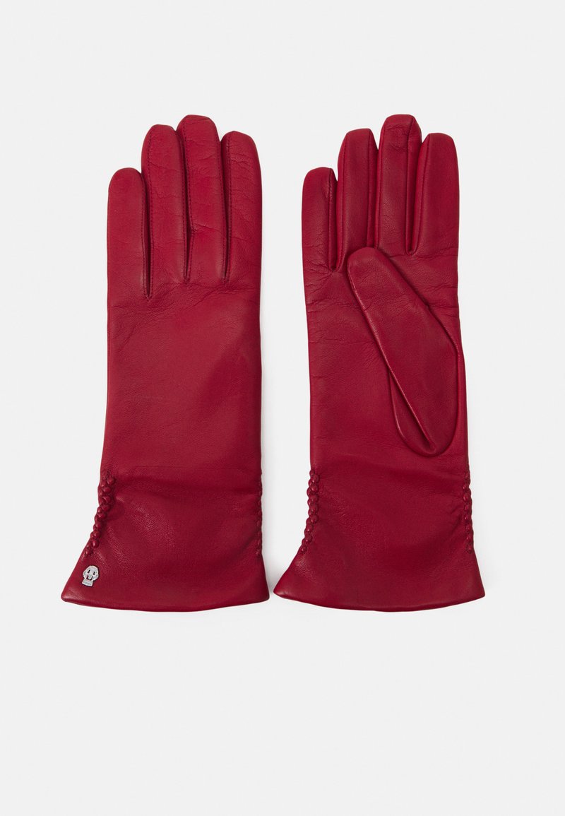 Red leather gloves with a smooth texture, featuring a gathered accent at the wrist and a small silver emblem on the side.