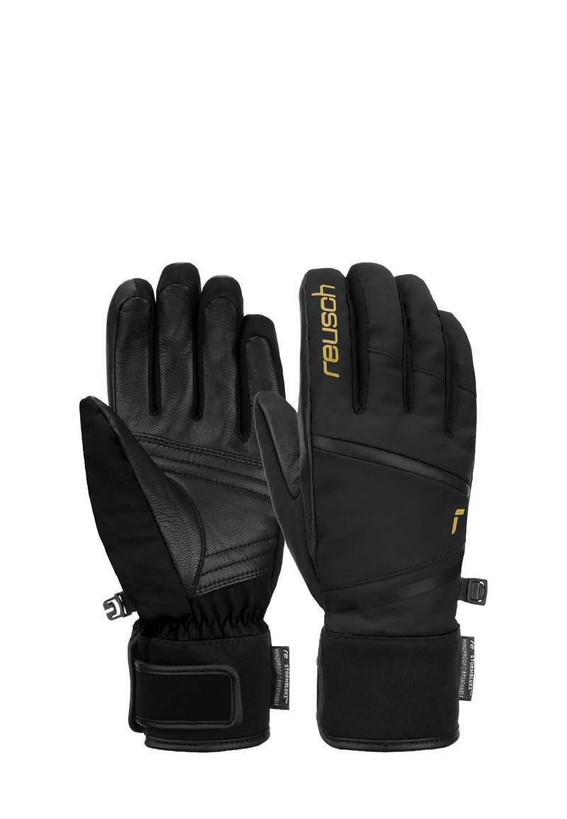 Guantes de invierno negros hechos de cuero y material sintético, con un agarre texturizado, puño ajustable y un logotipo dorado.