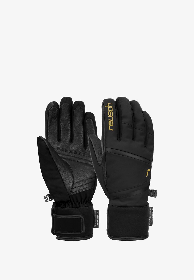 Guantes de invierno negros hechos de cuero y material sintético, con un agarre texturizado, puño ajustable y un logotipo dorado.