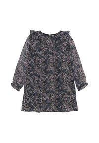 Blommig klänning med långa ärmar, svart bas, lila och blå blommönster, rynkade volanger vid halsringningen, strukturerad genomskinlig tyg, knappstängning i ryggen.
