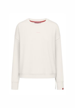 Lichtbeige sweatshirt van zacht materiaal. Heeft een ronde hals, lange mouwen en een klein roze logo op de borst. Trekkkoord detail aan de onderrand.
