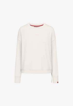 Lichtbeige sweatshirt van zacht materiaal. Heeft een ronde hals, lange mouwen en een klein roze logo op de borst. Trekkkoord detail aan de onderrand.
