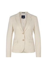 Jasnobeżowy blazer w małą kratkę, z jednolitym zapięciem na guzik, klapami z wycięciem i dwoma przednimi kieszeniami. Podszewka z wzorzystym wnętrzem.